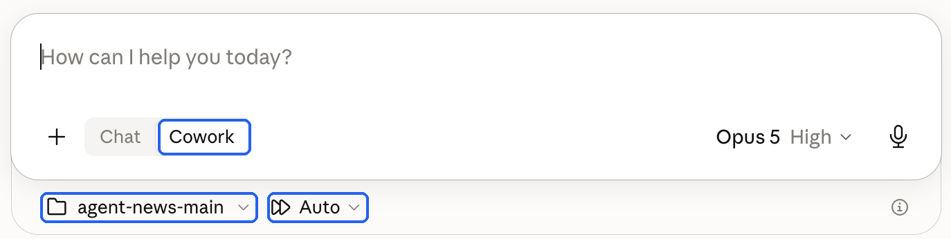 The message box with Cowork highlighted, and beneath it the highlighted agent-news-main folder selector and approval mode set to Auto